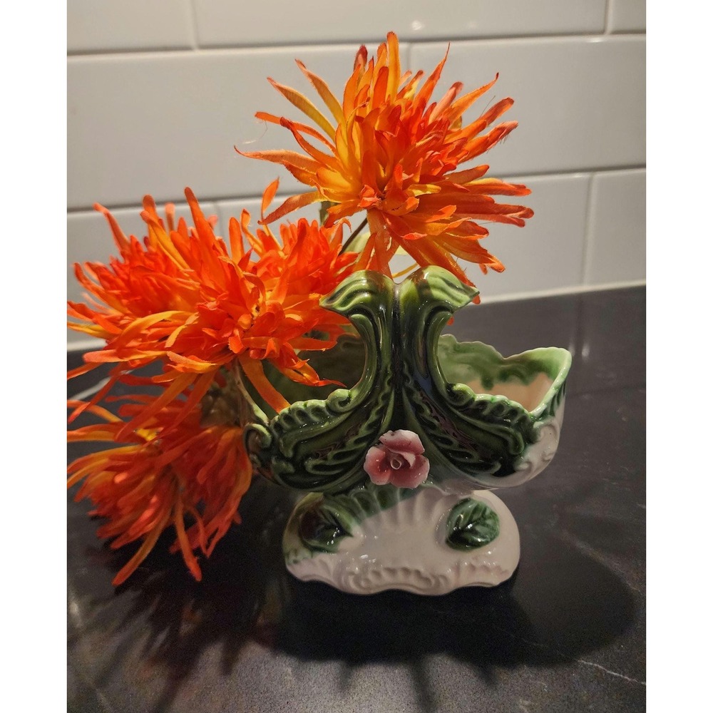 Vintage Japanese Cornucopia Planter Green Glazed Ceramic Mid-Century Vase Japan